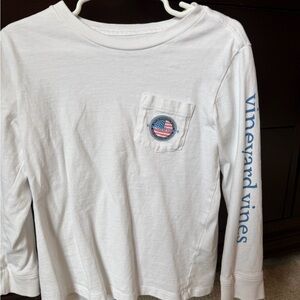 Vineyard Vines White Long-Sleeve Pocket Tee with Blue Sleeve Logo